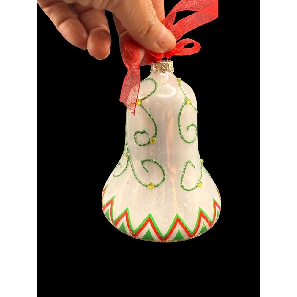 Vtg. Handcrafted Glass 3D Poinsettia Christmas Bell Ornament Red Ribbon - Picture 3 of 8